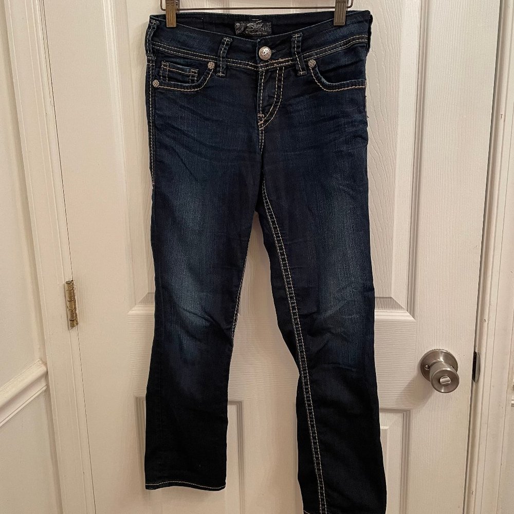 Silver Jeans Dark Mid Rise Suki Capri Stretch Jean Sequin Pockets size 25